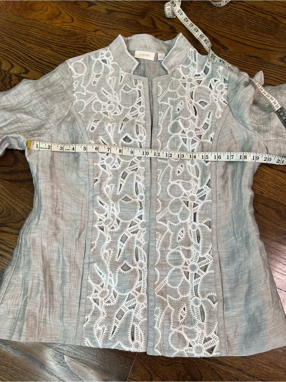 Chico's Silver-Gray Lace Front Open Jacket - Picture 7 of 14